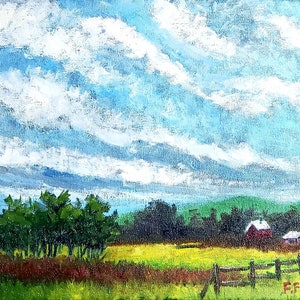 Impressionism original landscape Oil Painting of dramatic cloudy sky over farm house surrounded by trees and grass, beautiful home decor