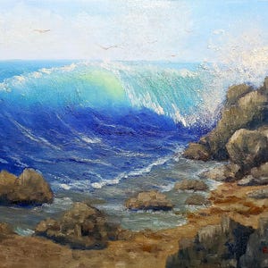 California Coast Seascape Impressionistic Original Oil painting of large wave crashing on to rock covered California beach shore