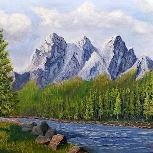 Original impressionism oil landscape painting mountains, pine trees and rushing river