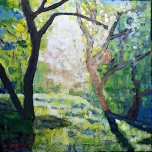 Impressionistic Original Oil painting Light filtering through leaves from trees in forest illuminating hill in front of them