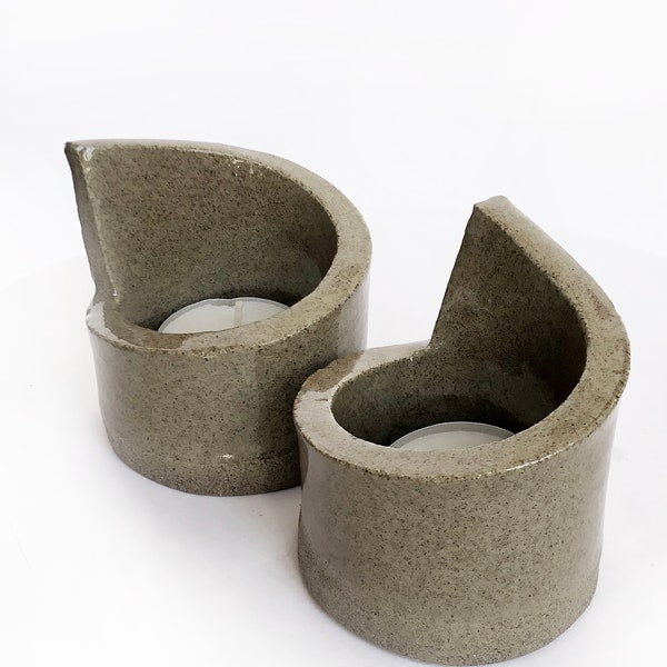 Pair of Candle holders, Ceramics, asymmetrical, Stone Grey