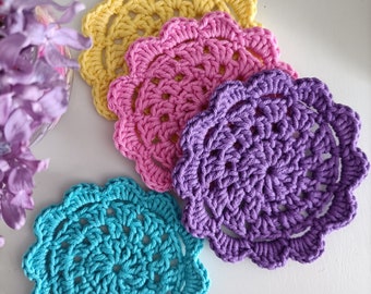 Crochet colourful coasters, Lace doilies table decoration, Drink coasters, Small colourful mandala