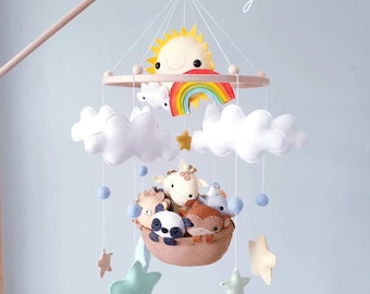 Noah's Ark Baby Mobile: Wool Felt Animals, Rainbow Nursery Decor