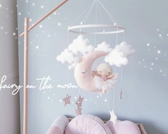 Fairy on the Moon Baby Mobile - Crib Mobile - Cot Mobile - Fairy Nursery- Moon Mobile- Nursery Decor