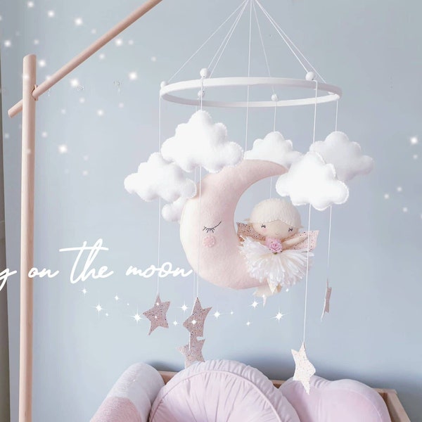 Fairy on the Moon Baby Mobile - Crib Mobile - Cot Mobile - Fairy Nursery- Moon Mobile- Nursery Decor