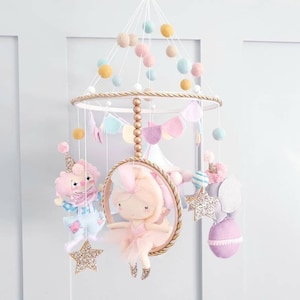 Pastel Circus Nursery Mobile: Wool Felt Baby Cot Mobile