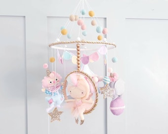 Pastel Circus Nursery Mobile: Wool Felt Baby Cot Mobile