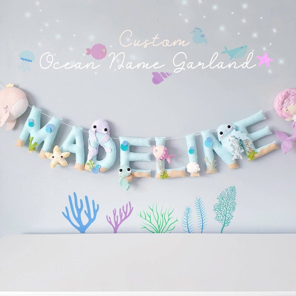 Custom Underwater Name Bunting - Name Garland- Nursery Garland- Kids Room Decor- Nursery Decor- Ocean Nursery- Mermaid Garland