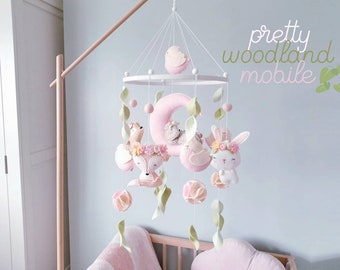 Woodland Mobile - Felt Mobile- Crib Mobile- Cot Mobile- Woodland Nursery- Nursery Mobile- Nursery Decor- Felt Flowers