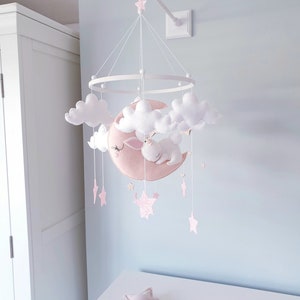 Sleepy Bunny Moon Mobile: Wool Felt Nursery Decor