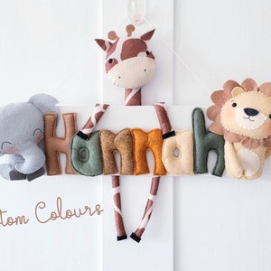 Signo de nombre personalizado de Safari - Vivero Safari - Vivero de la selva - Nombre de fieltro - Signo de puerta para niños - Nombre Bunting