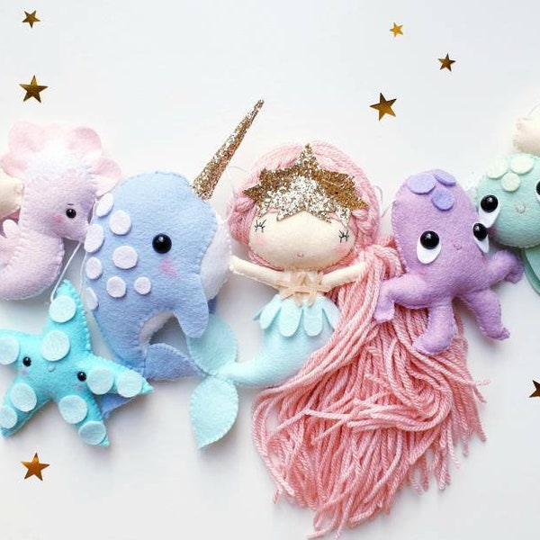 FABRIQUÉ sur commande sirène et ses amis guirlande dorée - guirlande en feutre - guirlande Sealife- guirlande sirène- chambre de bébé sirène- chambre de bébé princesse-