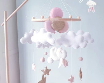 Bunny Baby Mobile: Felt Clouds & Stars Nursery Decor