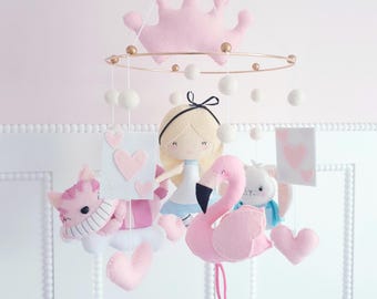 Alice In Wonderland Baby Mobile: Hand-Embroidered Felt Nursery Decor