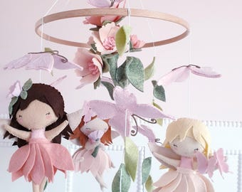 Handmade Fairy Nursery Mobile: Dancing Fairies & Flowers