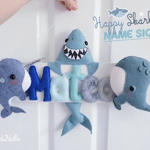 Signo de nombre de tiburón feliz- Signo de nombre de niño personalizado - Letras de fieltro - Nombre de fieltro - Signo de puerta para niños