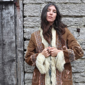 Vintage 70s Penny Lane Afghan Coat Pastel Embroidered Sheepskin Shearling Serpa Shaggy Fur Suede Leather Jacket Boho 1970s UK 10 US 8 EU 38