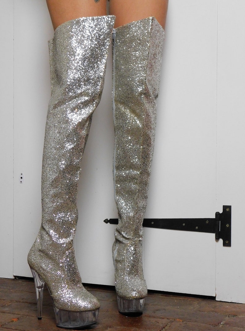 Vintage silver Glitter Thigh High Boots Overknee Space Cosmic | Etsy