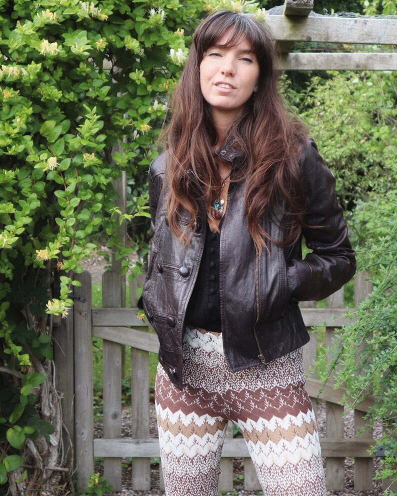 Vintage 70s Chocolate Brown Leather Bomber Biker Short Jacket Small Bohemian Boho 1970s UK 8 10 US 6 8 Eu 36 38