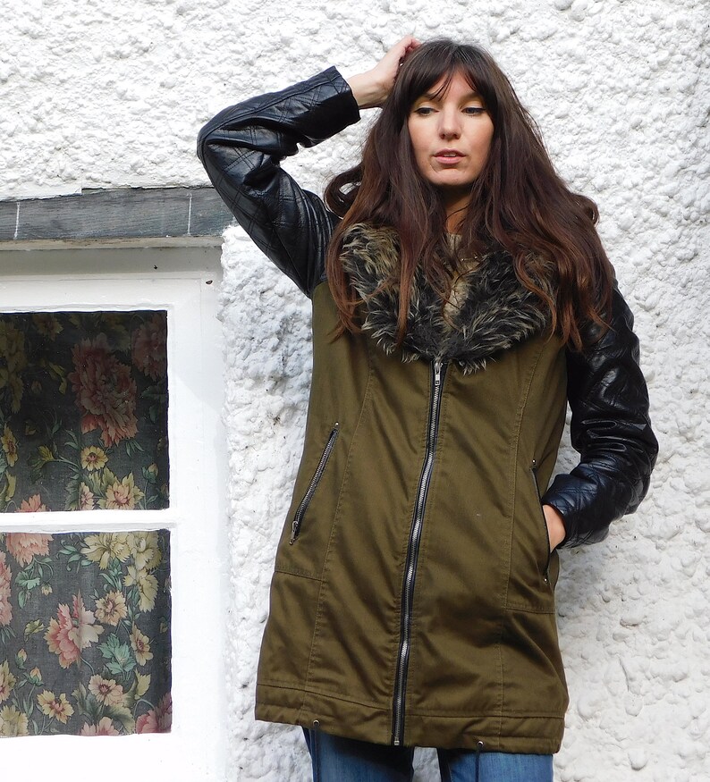 Vintage Khaki Military Jacket Faux Quilted Leather Sleeves Etsy UK