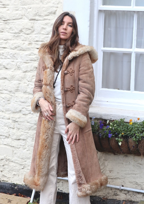 Vintage 60s Sheepskin Hooded Maxi Princess Coat A… - image 3