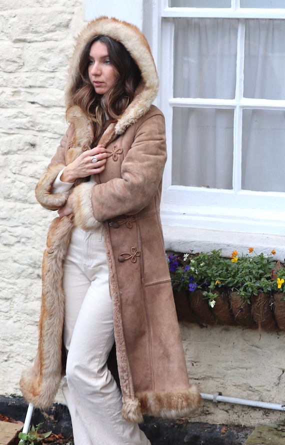 Vintage 60s Sheepskin Hooded Maxi Princess Coat A… - image 1