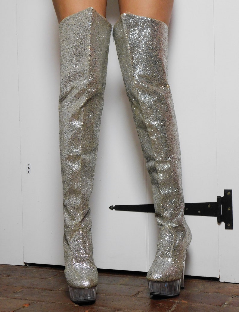 Vintage silver Glitter Thigh High Boots Overknee Space Cosmic Etsy