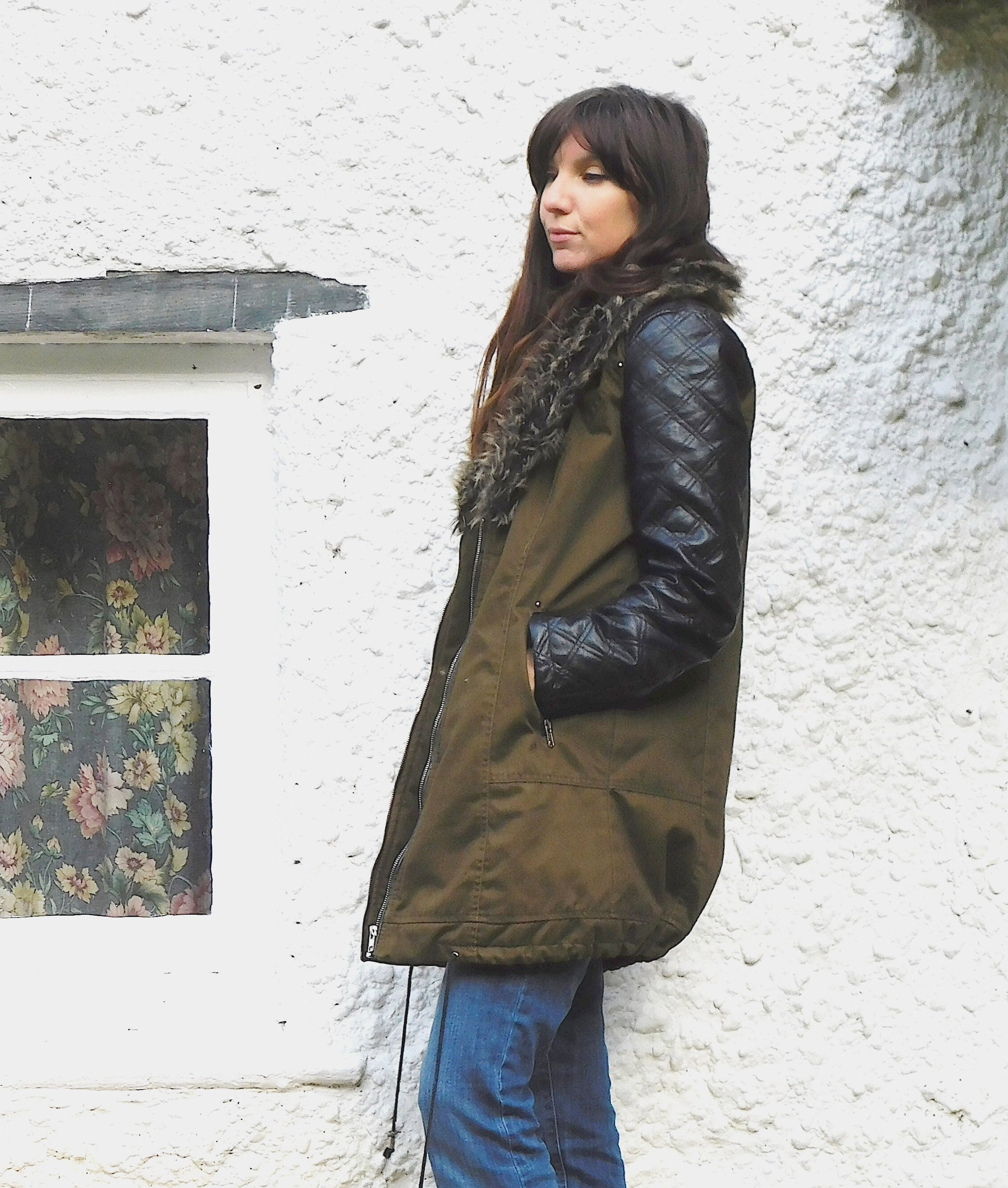 Vintage Khaki Military Jacket Faux Quilted Leather Sleeves Etsy UK