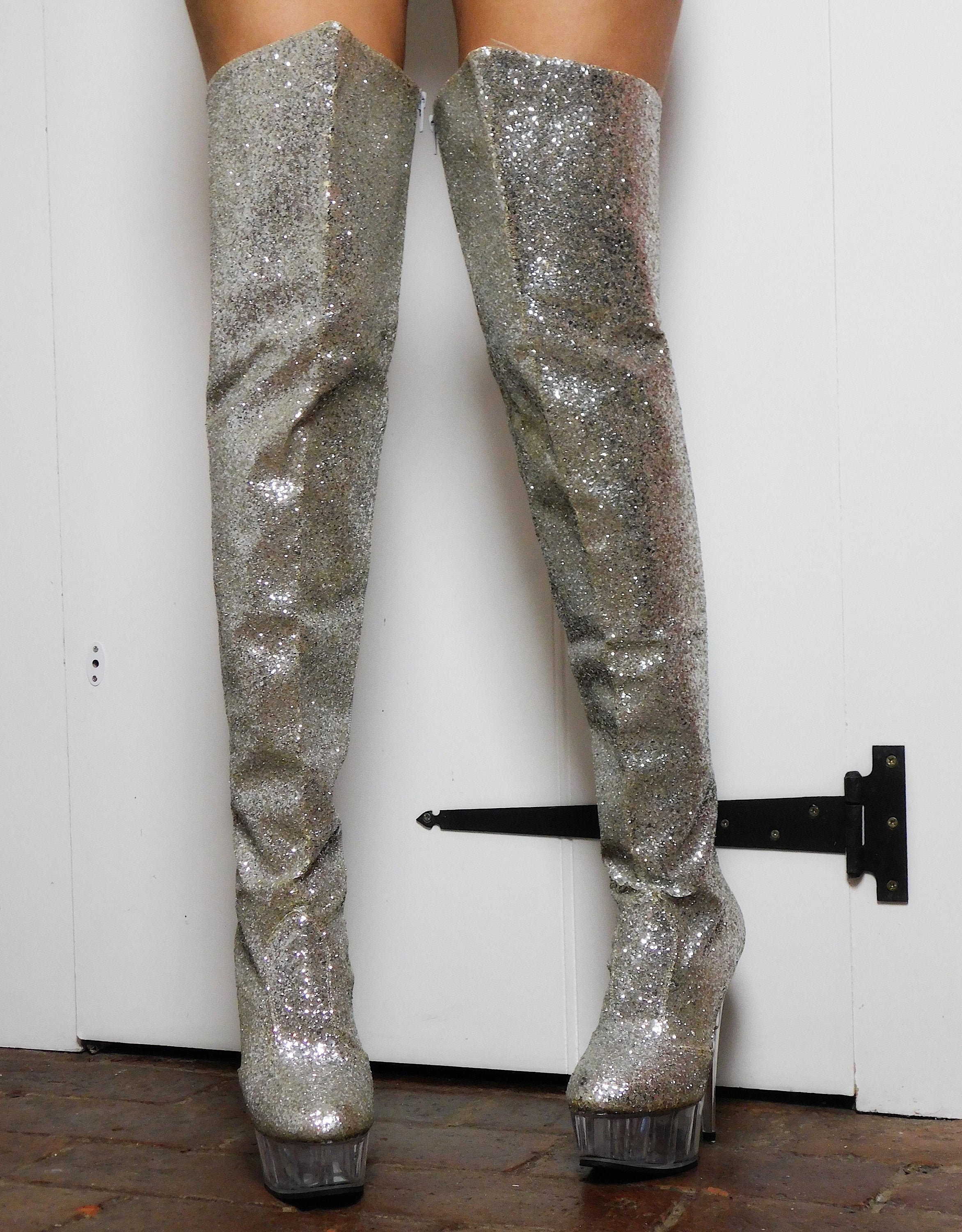 Vintage silver Glitter Thigh High Boots Overknee Space Cosmic Etsy