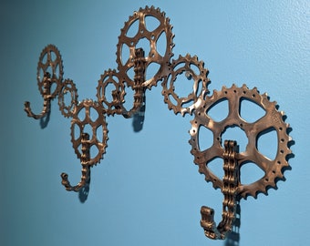 4 Heavy Duty Wall mounted art Hooks made from recycled bicycle chain and cogs