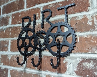 Wall mounted keychain organizer with chain letters & hooks made from bicycle recycled parts, bike lover, cycling gift