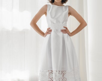 Abito da sposa per la festa della sposa, abito da sposa lungo fino al tè con schiena scoperta, abito da sposa midi minimalista in avorio o bianco con cintura ricamata