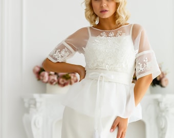 Vestido de madre de la novia, vestido formal midi color marfil con blusa de organza bordada y vestido tubo de satén.