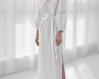 White Linen Embroidered Dress – Boho / Cottagecore Inspired – Hand Embroidered Linen Dress