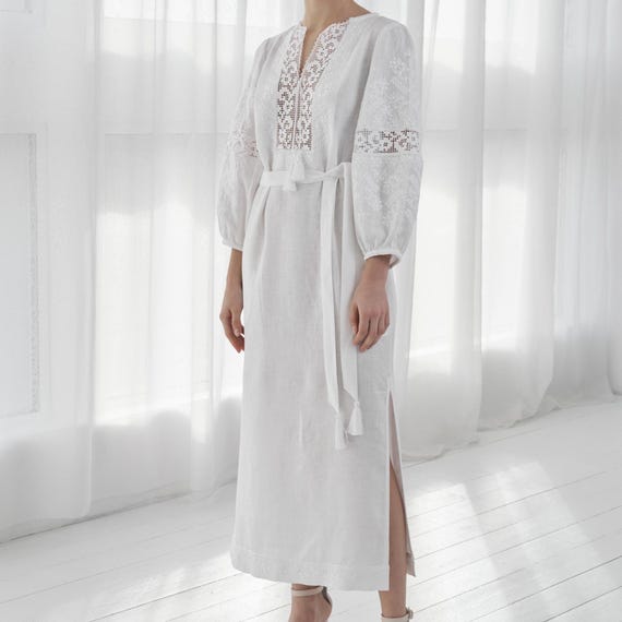 boho white linen dress Linen Boho Wedding Dress. Handcrafted. World Wide Shipping.  Linen Wedding  Dress