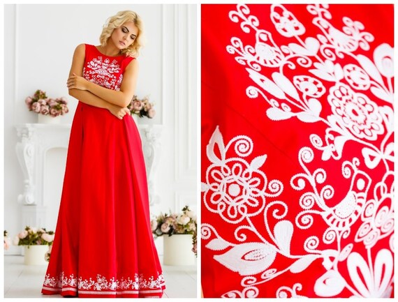 Red Maxi Dress Ukrainian Vyshyvanka Dress Unusual Wedding Etsy