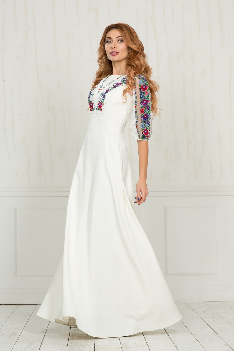 Modern Ukrainian Wedding Dress With Colorful Embroidery on Etsy India