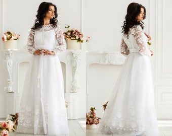 Princess peasant bohemian organza wedding dress - Maxi white ethnic kaftan gown - Ukrainian vyshyvanka bridal dress - Prom evening dress