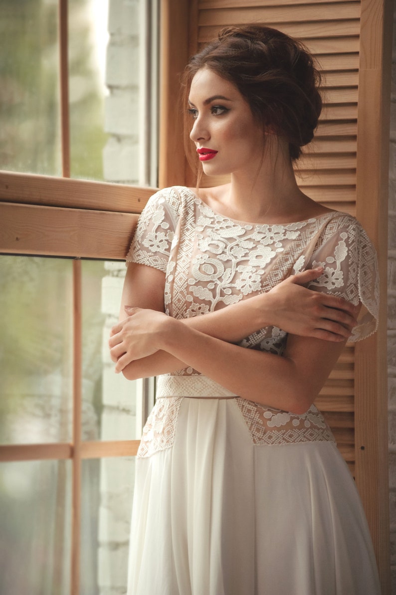 ivory-lace-dress-with-short-sleeves-midi-wedding-or-prom-etsy