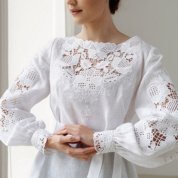 White cutwork embroidery blouse top for women, Elegant mesh Vyshyvanka peasant linen tunic shirt clothing, Wedding mother of bride tunic
