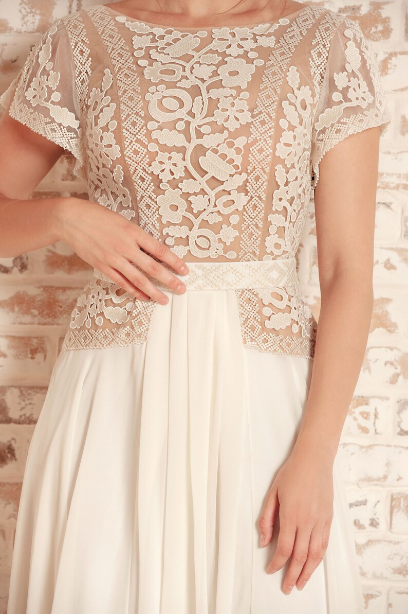 Ivory lace dress with short sleeves Midi wedding or prom Etsy