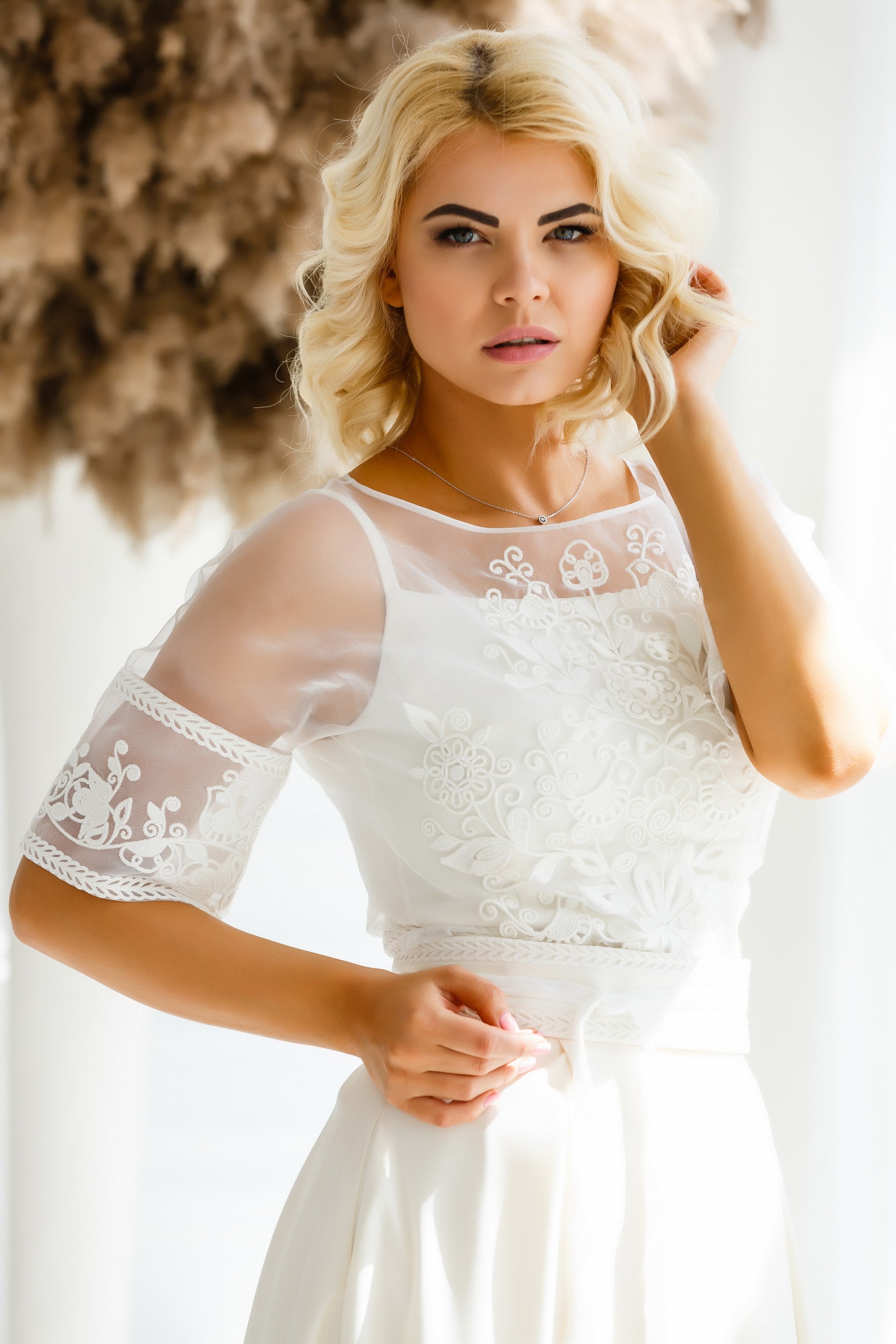 Ivory Wedding Dress Set Embroidered Organza Blouse, Maxi Skirt Satin Top Sash Belt. Ukrainian