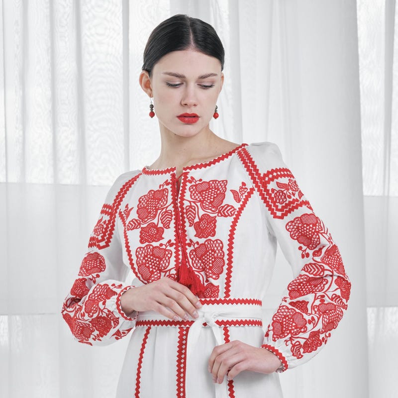 White Base Multi Colored Embroidery Work Flared Long-Length Ethnic Dress