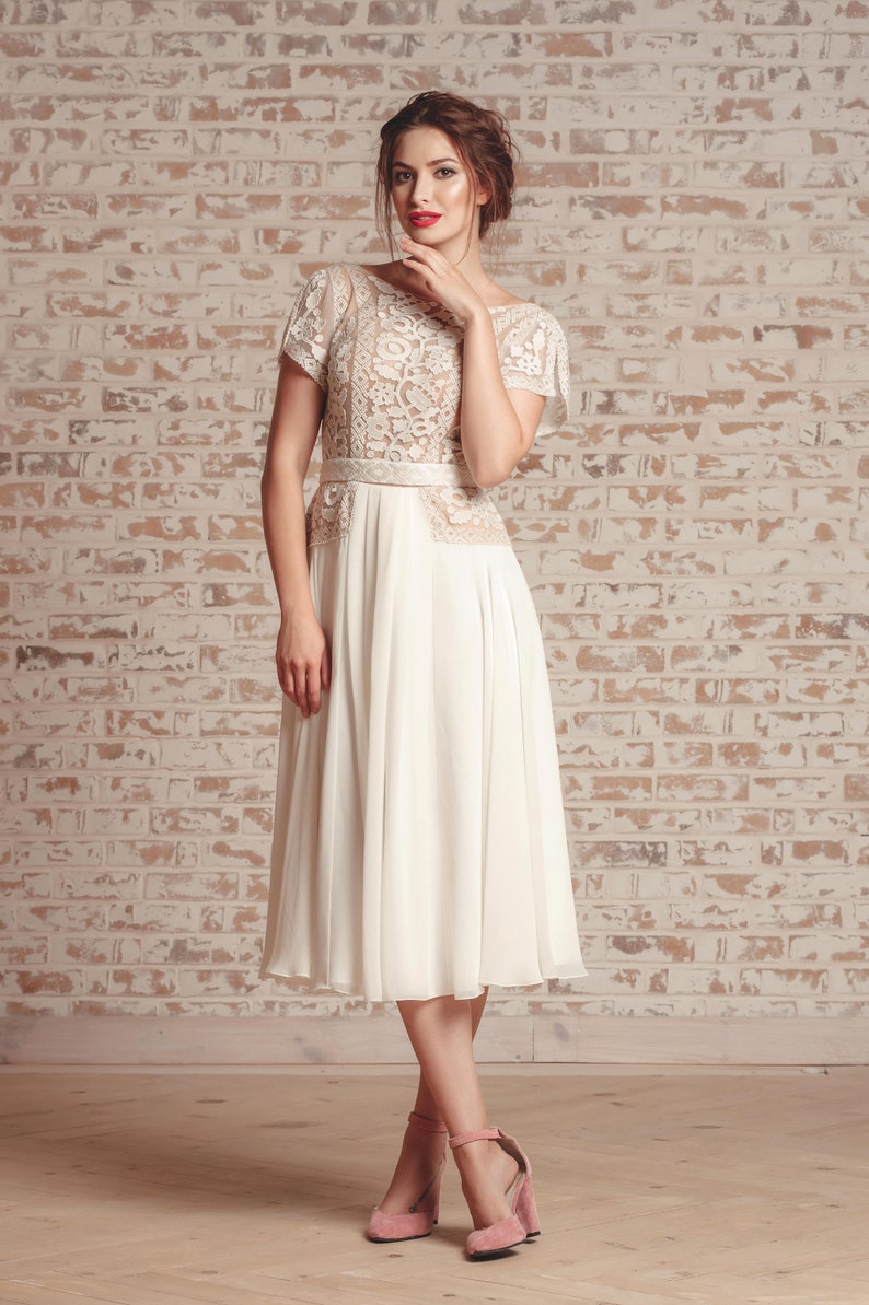Ivory Lace Dress With Short Sleeves Midi Wedding or Prom - Etsy