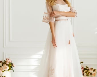 Beige Boho Wedding Dress with Embroidered Organza, Ivory Bridal Gown, Unique Designer Wedding Dress