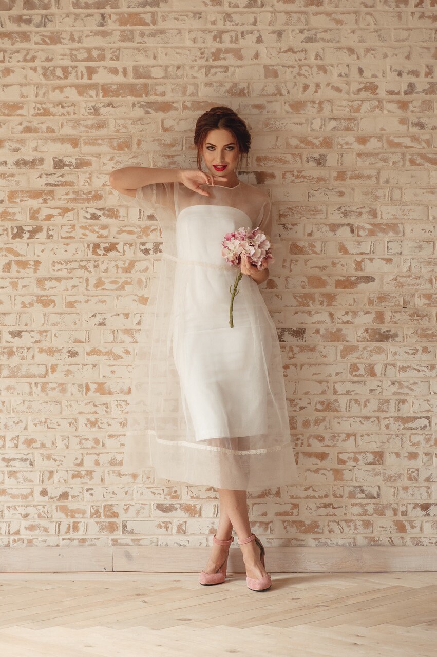 Lace Sheath Wedding Dress With Sheer Overlay, Tea Length Bridal Gown - Etsy