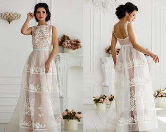 Boho see through wedding dress - Ivory maxi sleeveless bridal dress with sheer - Embroidered lace floor length prom dress - Bohemian wedding