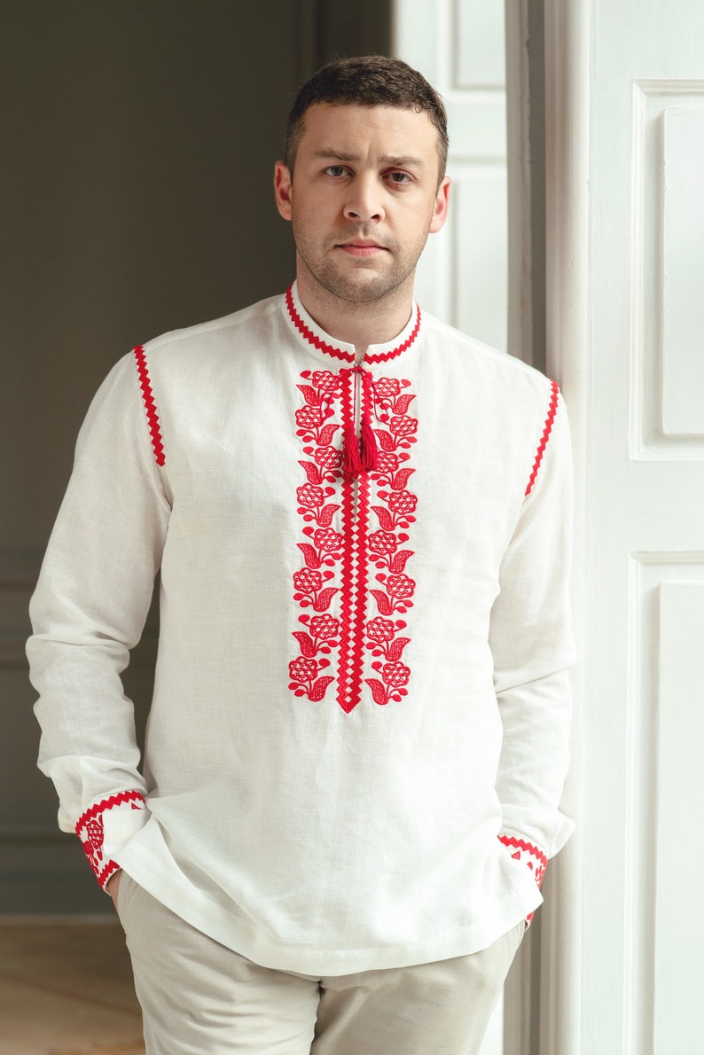 Mens vyshyvanka shirt Embroidered linen shirt Floral red | Etsy