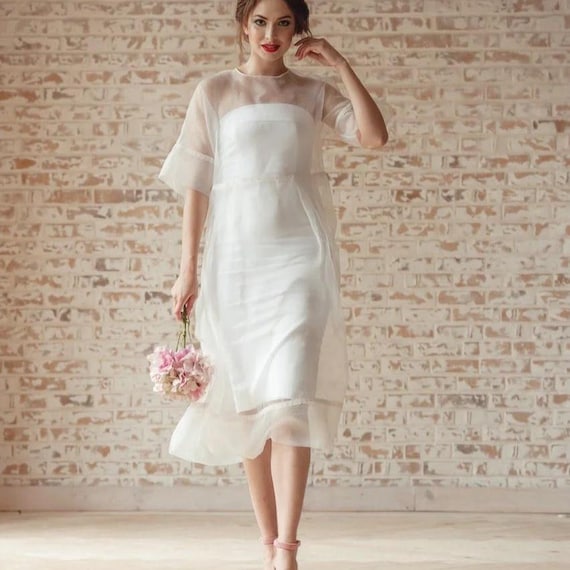 Lace Sheath Wedding Dress with Sheer Overlay, Tea Length Bridal Gown