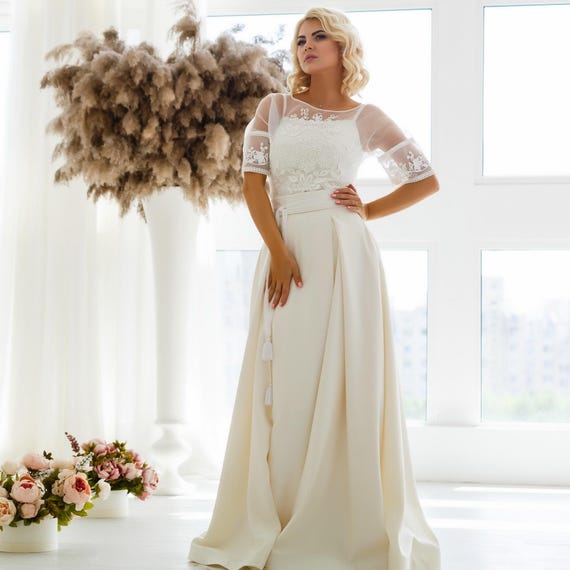 graduation dress embroidered Prom Dress Set, Ivory Embroidered Graduation Dress with Satin Skirt and Sheer Organza Blouse
